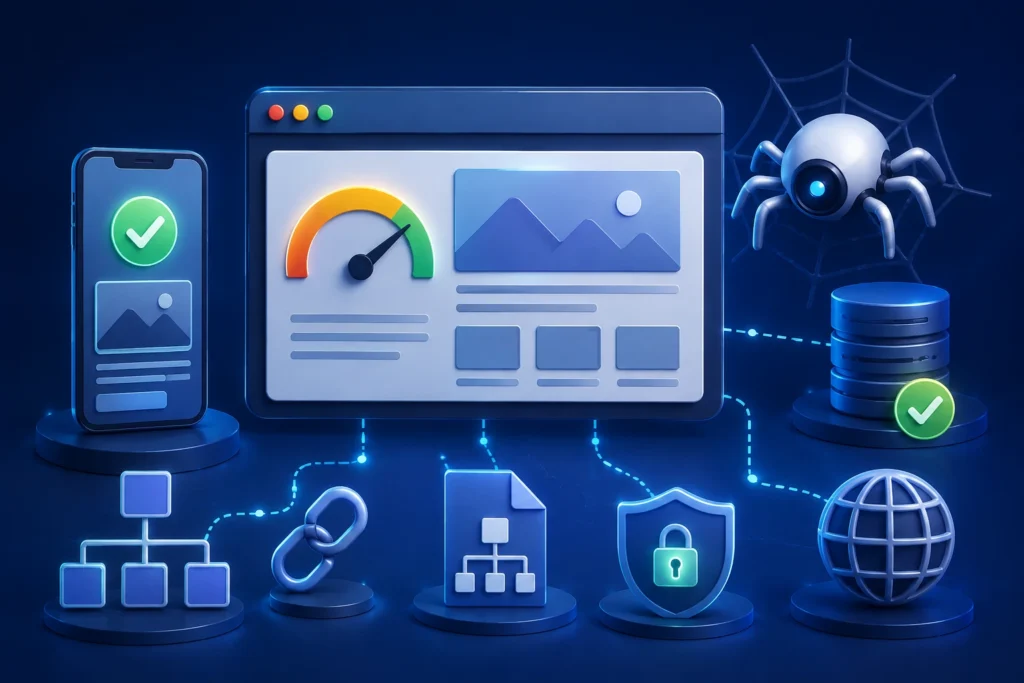 **Alt text:**
SEO trends in 2026 with technical SEO, website performance, search optimization, analytics, and digital growth elements.